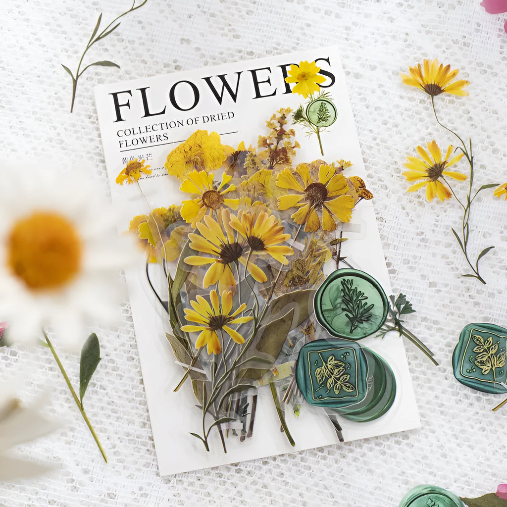 Eight styles of dried flower journal stickers in Dark Night Purple, rose nebula and other colours at 70mm size
