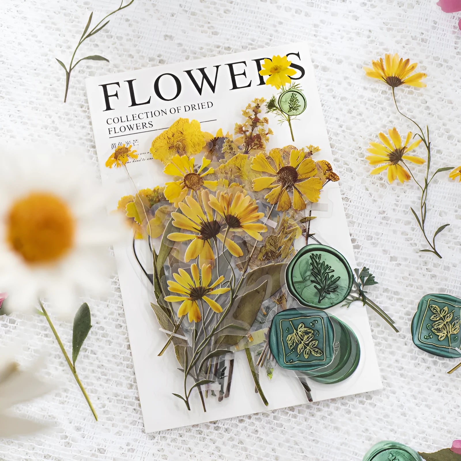 Eight styles of dried flower journal stickers in Dark Night Purple, rose nebula and other colours at 70mm size