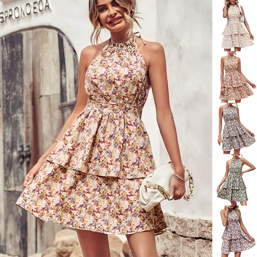 Women's boho backless halter summer dress in an A-line cut with ruffled detail.