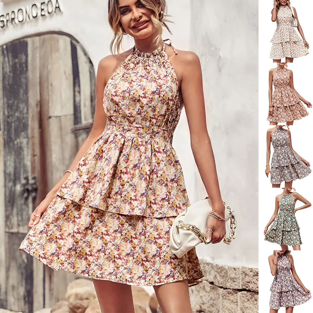Women's boho backless halter summer dress in an A-line cut with ruffled detail.