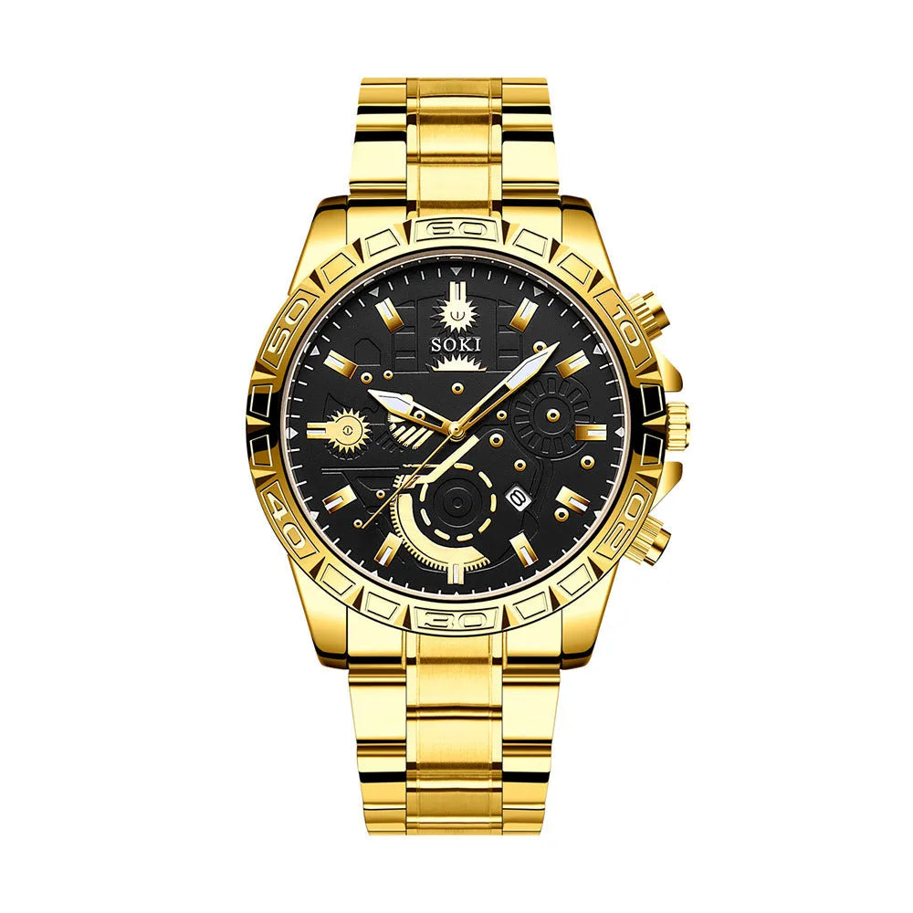 Men's gold-tone quartz watch with stainless steel bracelet and calendar display