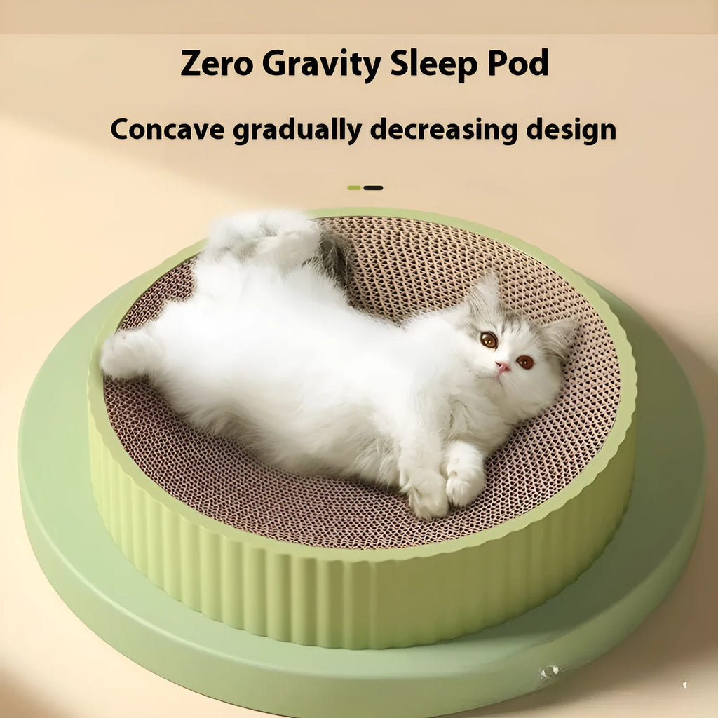 Green round cat scratching board measuring 55cm with white corrugated paper surface and two replacement refills