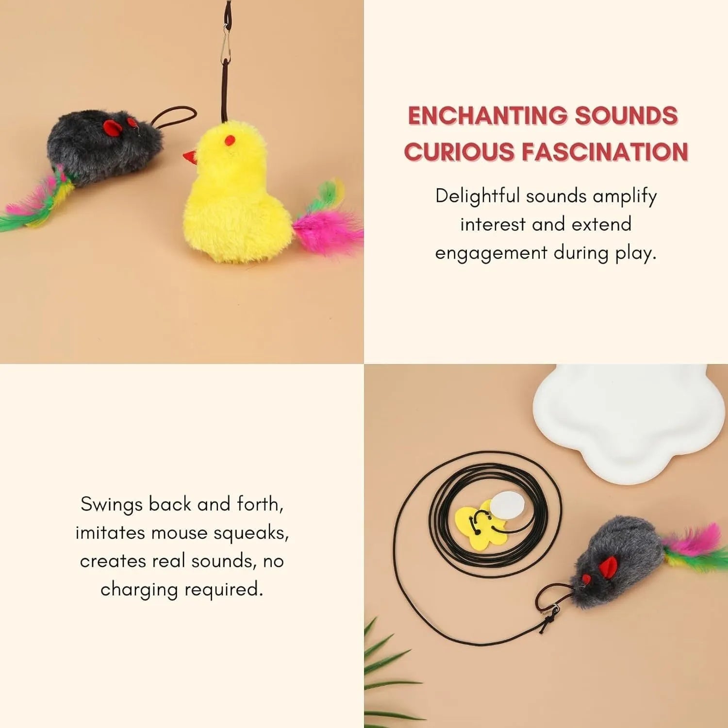 Interactive cat toy hanging on door frame with treat bulb and dangling mouse toy on elastic rope