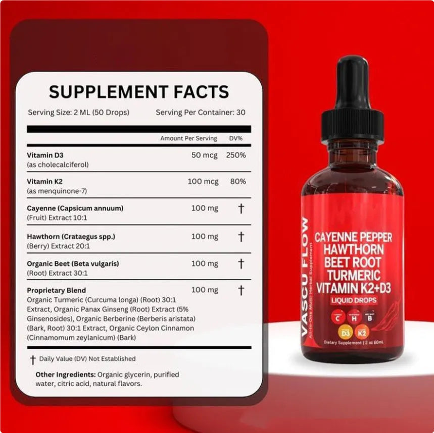 60ml bottle of Vitamin D3 and K2 supplement liquid drops with hawthorn fruit extract