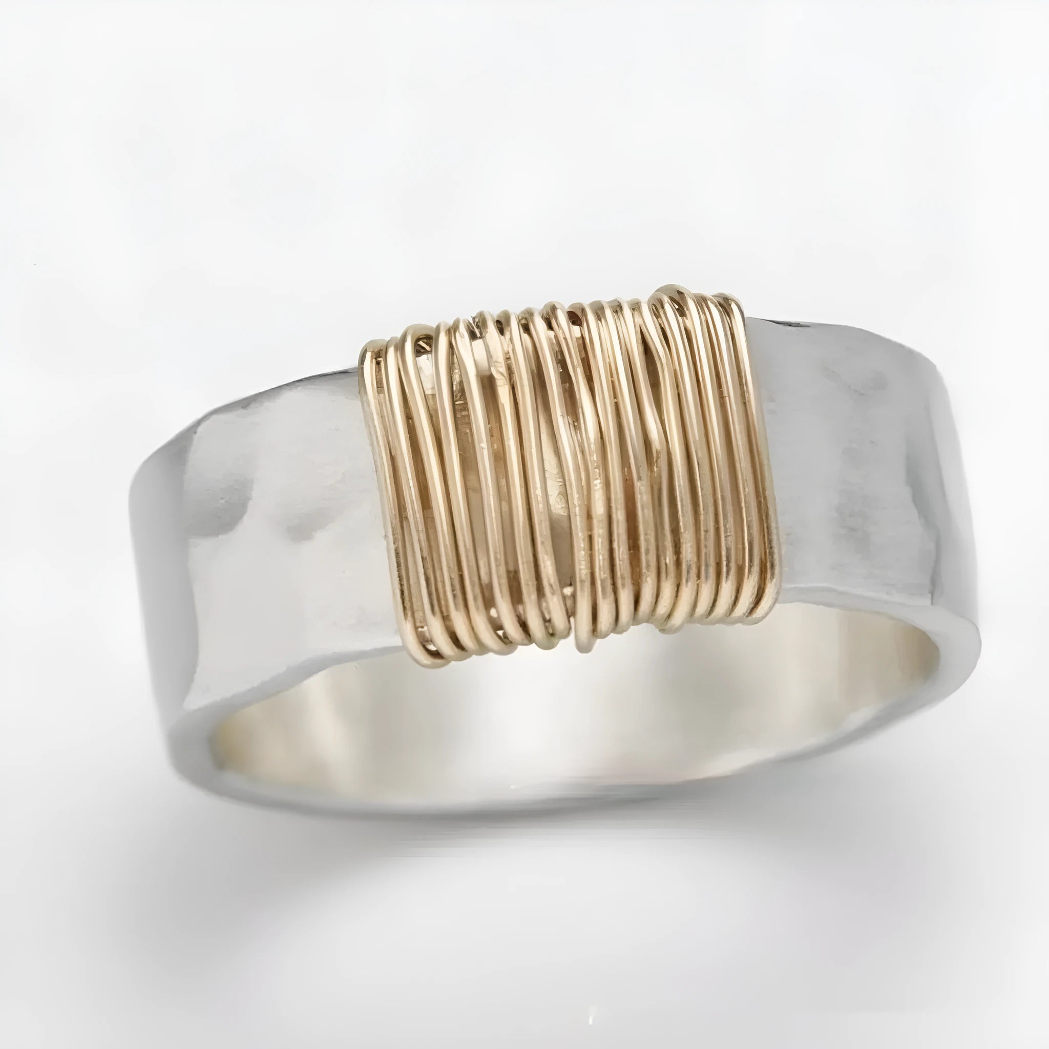 Copper bracelet ring with irregular coil design and electroplated silver-gold finish