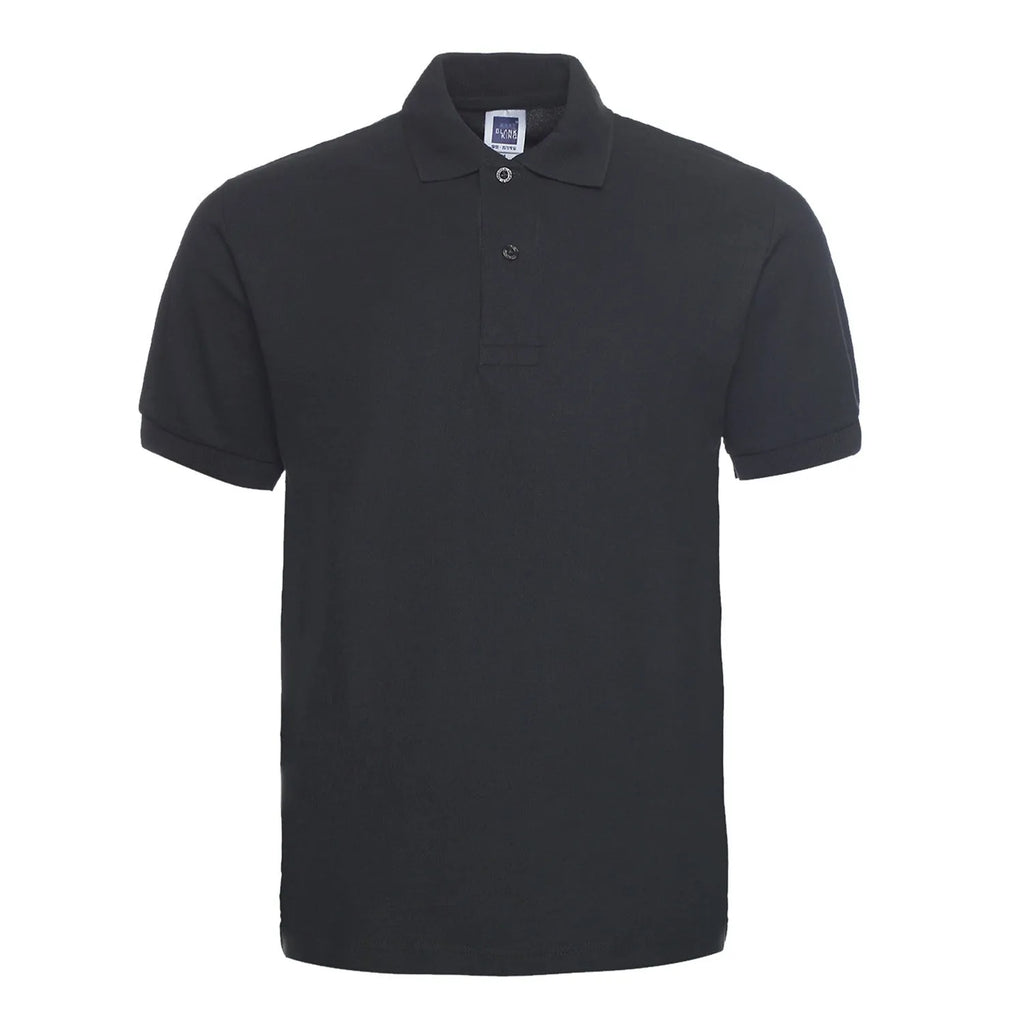 A plus size model wearing a solid colour short sleeve polo shirt with a lapel collar.