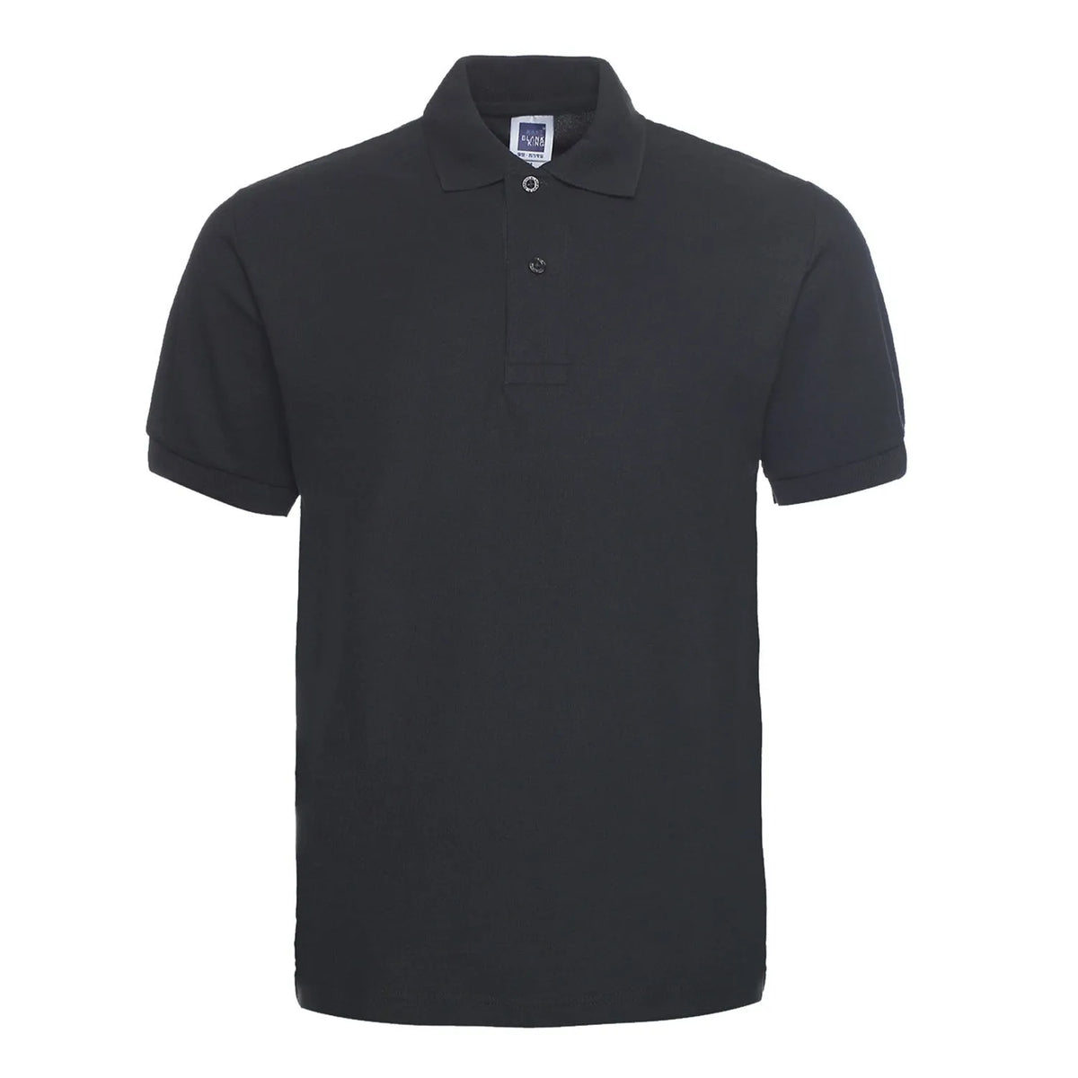A plus size model wearing a solid colour short sleeve polo shirt with a lapel collar.