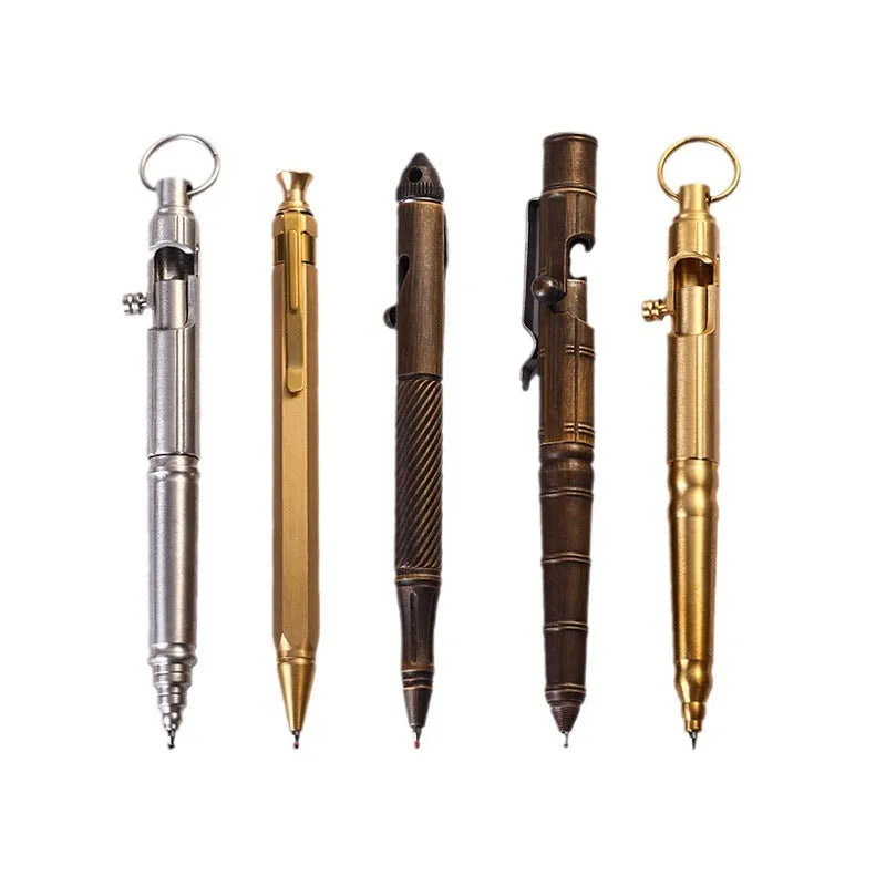 Brass tactical pen with press mechanism showing retro brass natural colour finish with hole pattern
