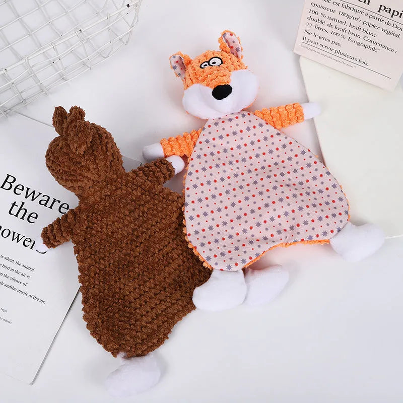 Brown velvet plush fox-shaped pet toy on a white background
