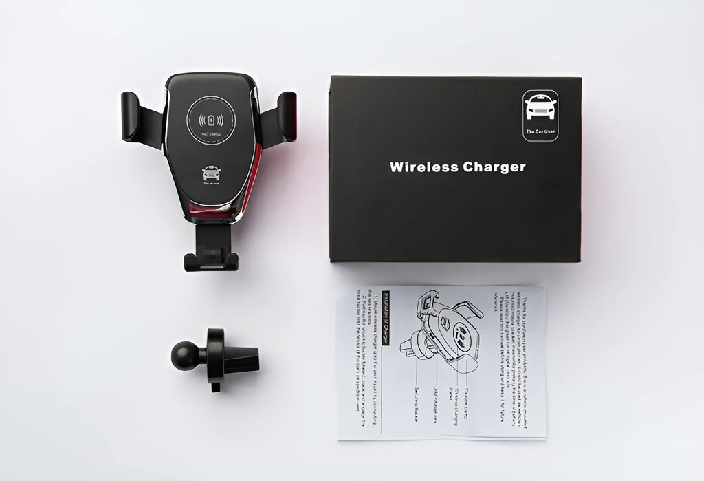 Black wireless car charger mounted on dashboard charging an iPhone
