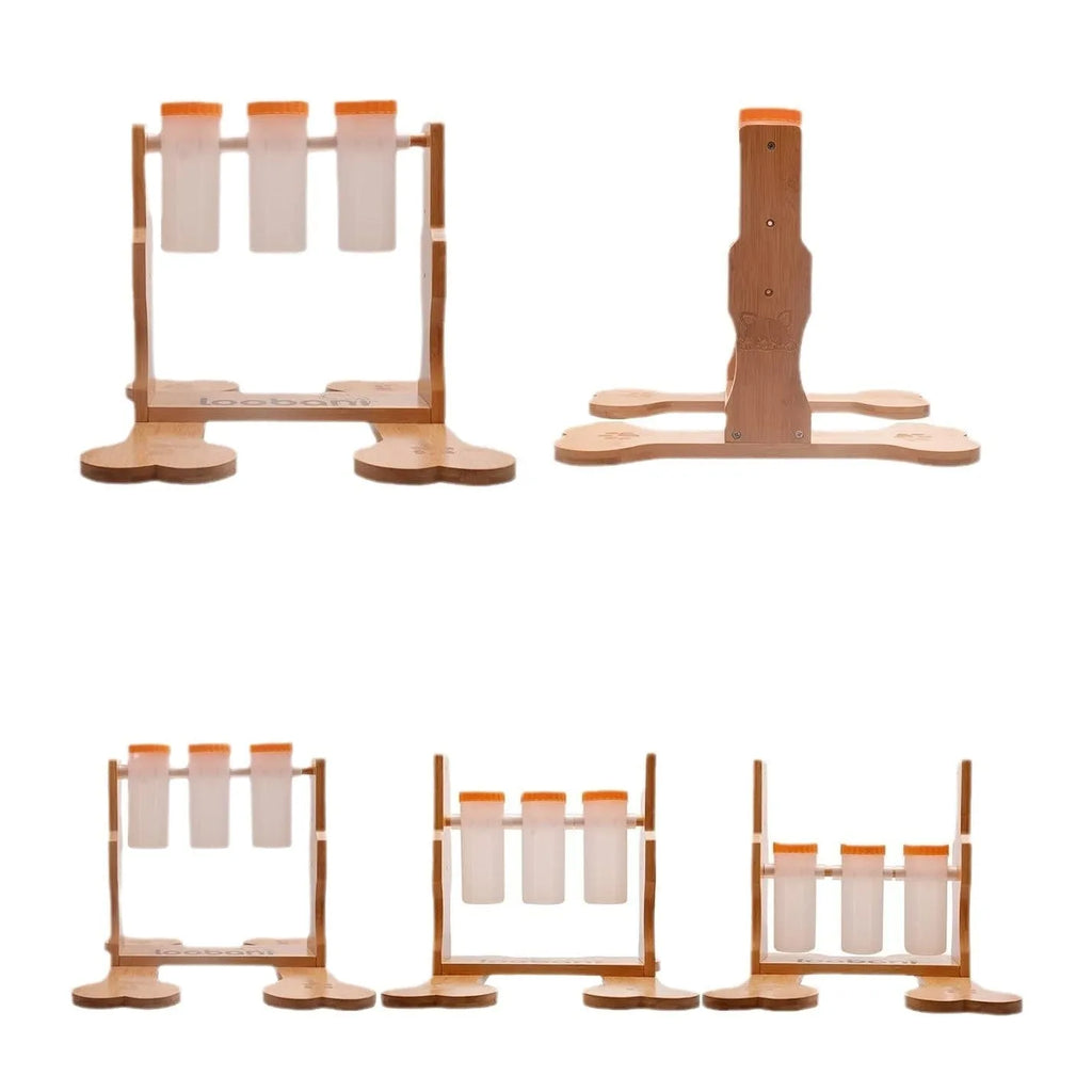 Wood colour dog puzzle toy measuring 31x30x20cm with interactive food dispensing design