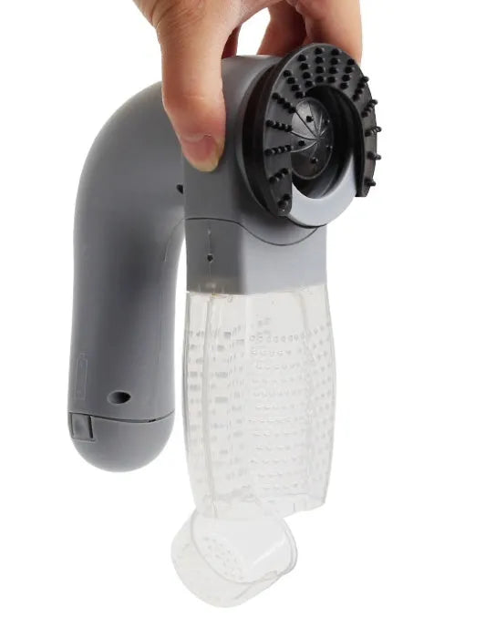 Grey portable electric pet hair vacuum cleaner with soft rubber grooming head