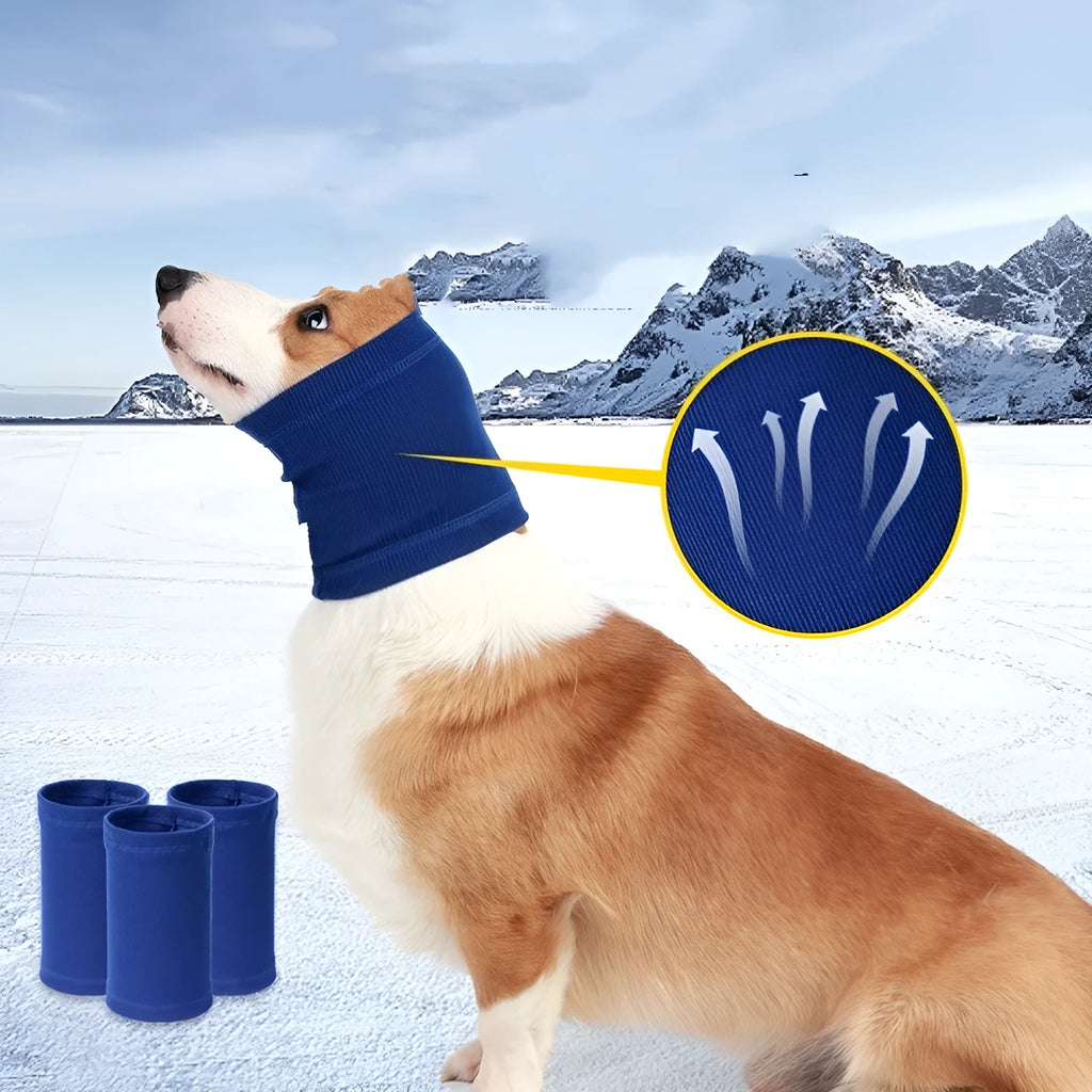 Blue and grey polyester dog headband scarf shown in sizes S, M, and L.