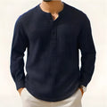 Cotton linen long sleeve shirt in slim fit with round neck and three-quarter sleeves in army green colour