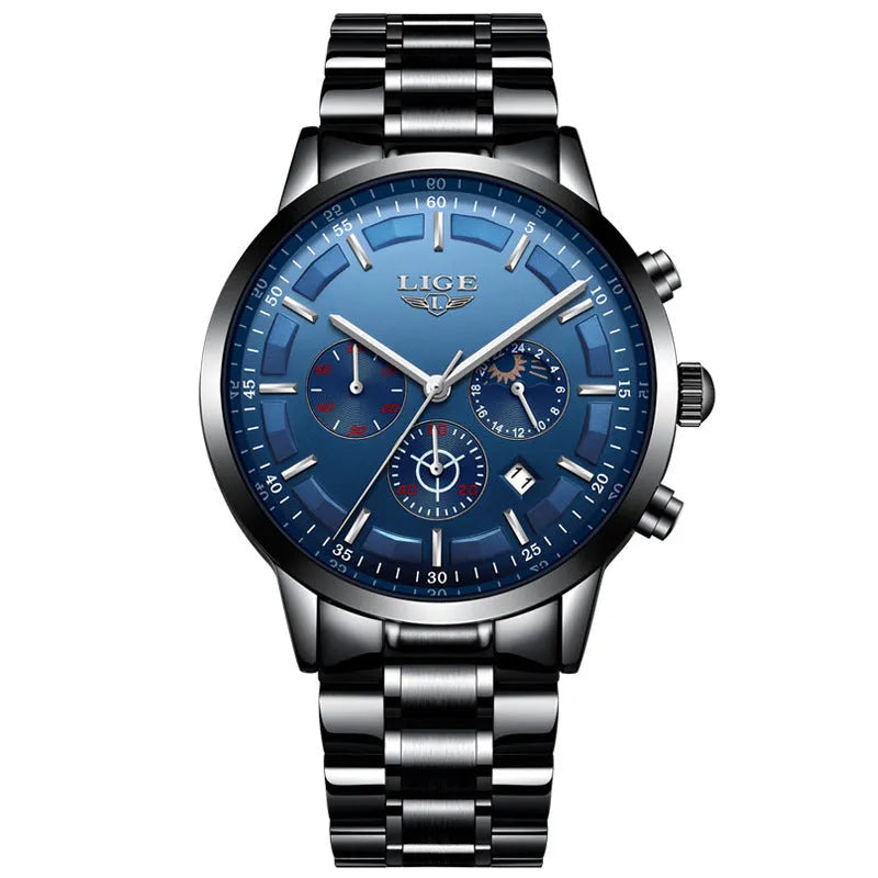 Men's waterproof quartz sports watch in black and rose red gold with 12mm thickness