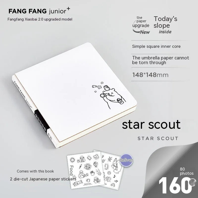 Square paper diary with checkered pages measuring 148x148mm with sticker sheets