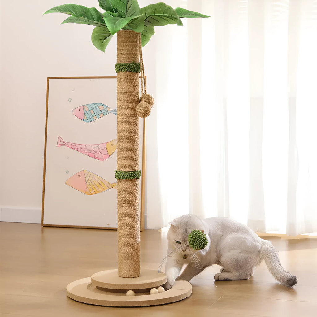 Vertical cat climbing frame with hemp rope column and Canna style base