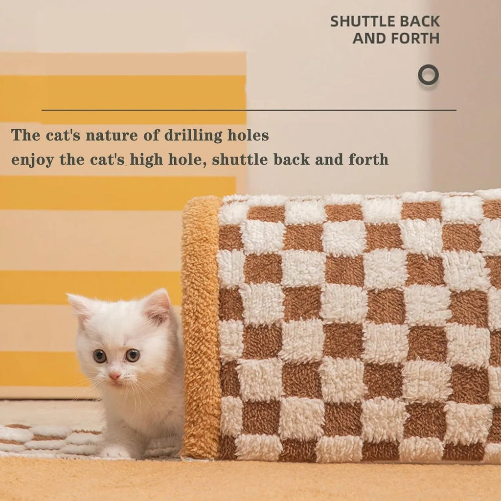 Brown and yellow plush plaid cat tunnel bed with central mat, shown in XL size for indoor cats.