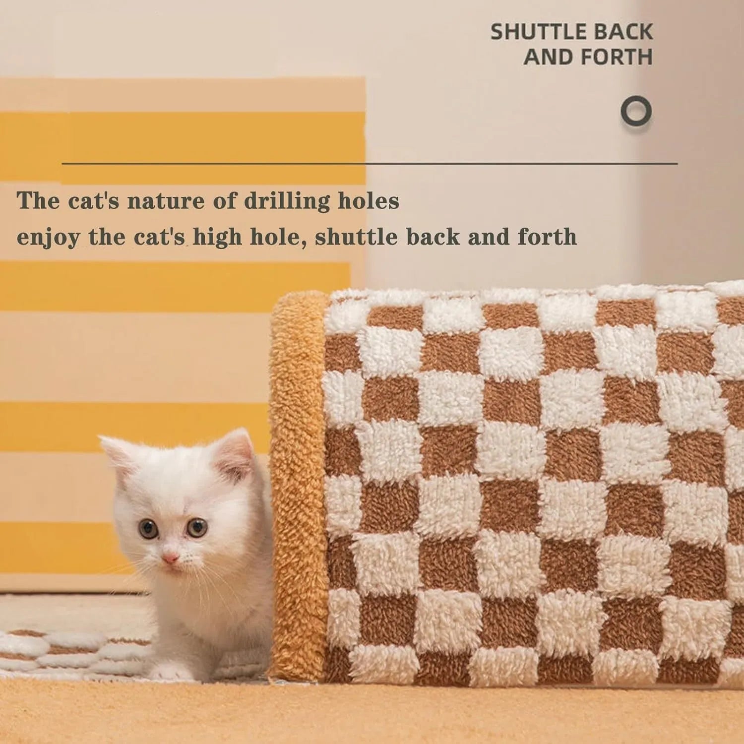 Brown and yellow plush plaid cat tunnel bed with central mat, shown in XL size for indoor cats.