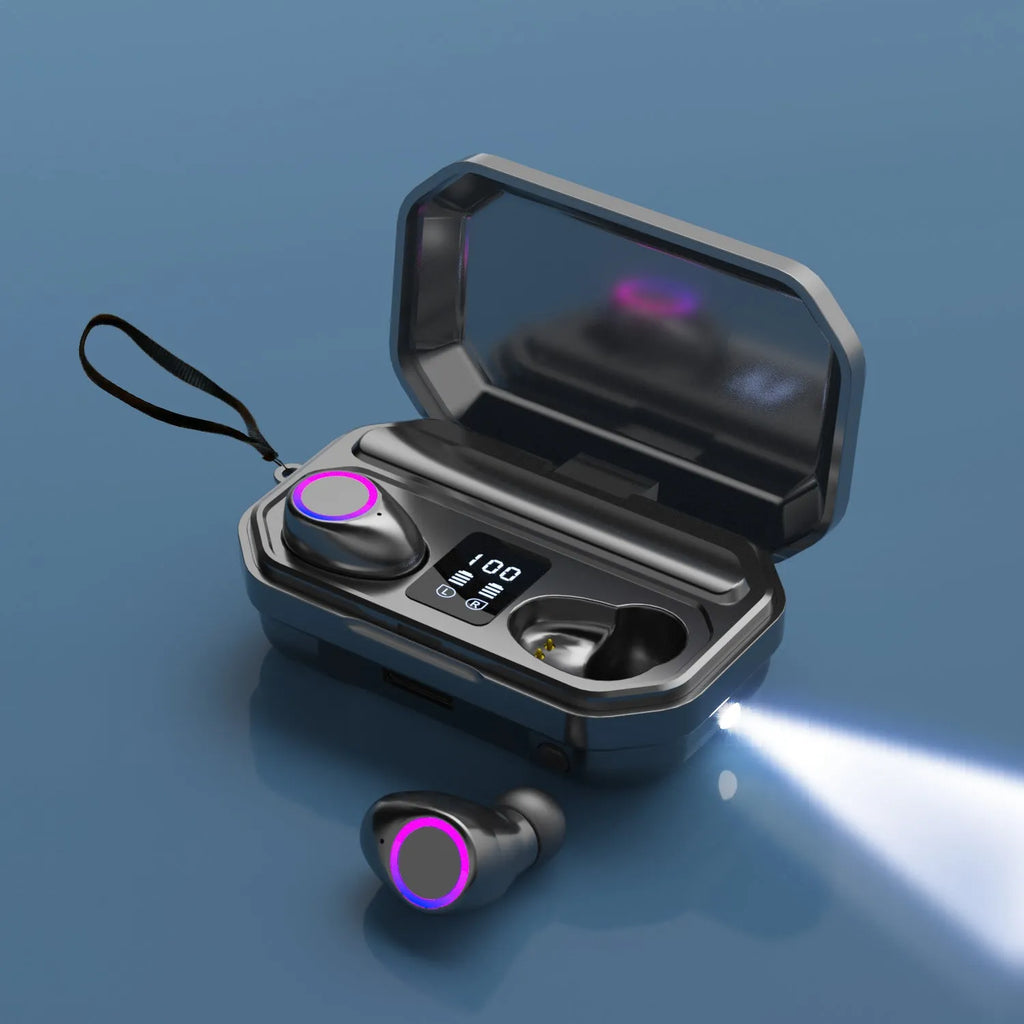 Wireless Bluetooth earbuds with LED display charging case in black or white colours