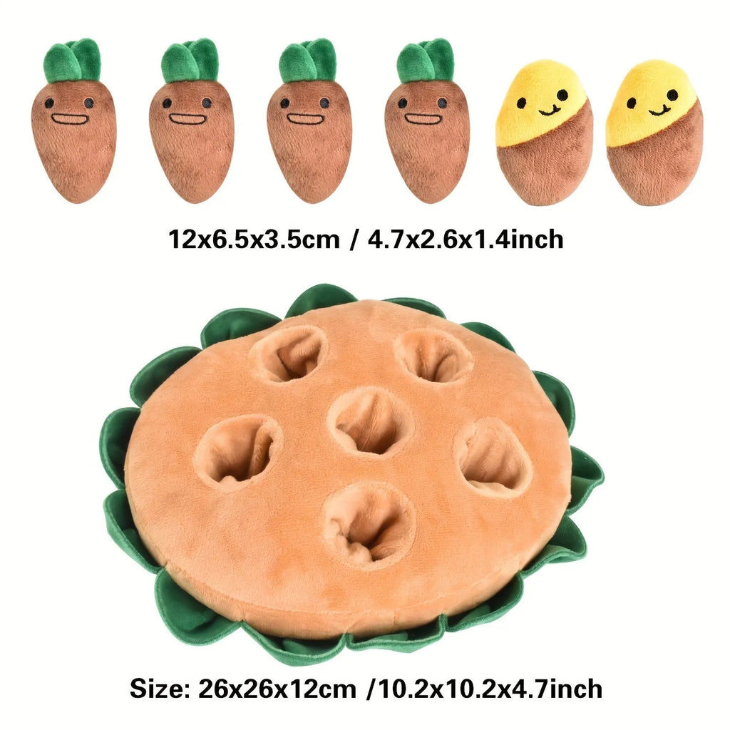Yellow interactive dog puzzle toy with removable squeaky plush toys for foraging training
