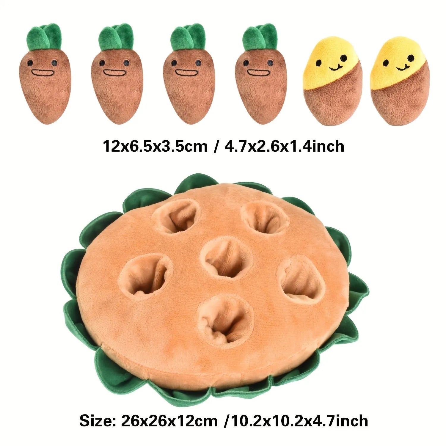 Yellow interactive dog puzzle toy with removable squeaky plush toys for foraging training