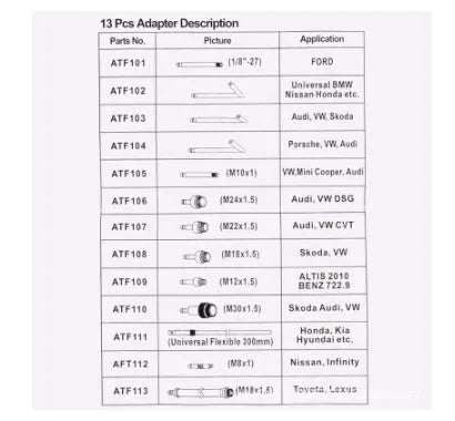 13-piece automatic transmission oil refuelling kit with transmission injector tool and wave box connector