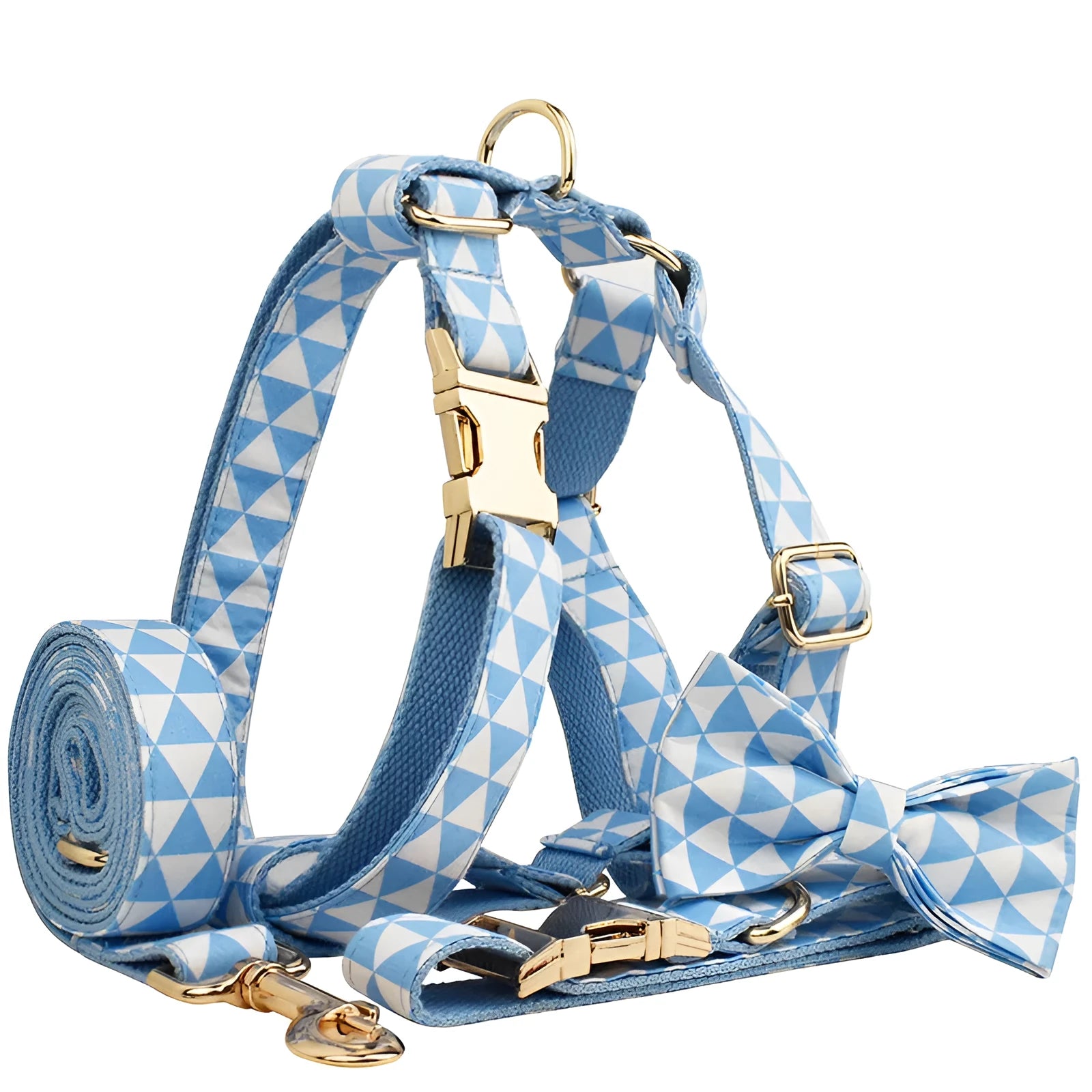 Blue triangular ring rope dog vest, collar, leash, and bow four-piece set laid out flat.