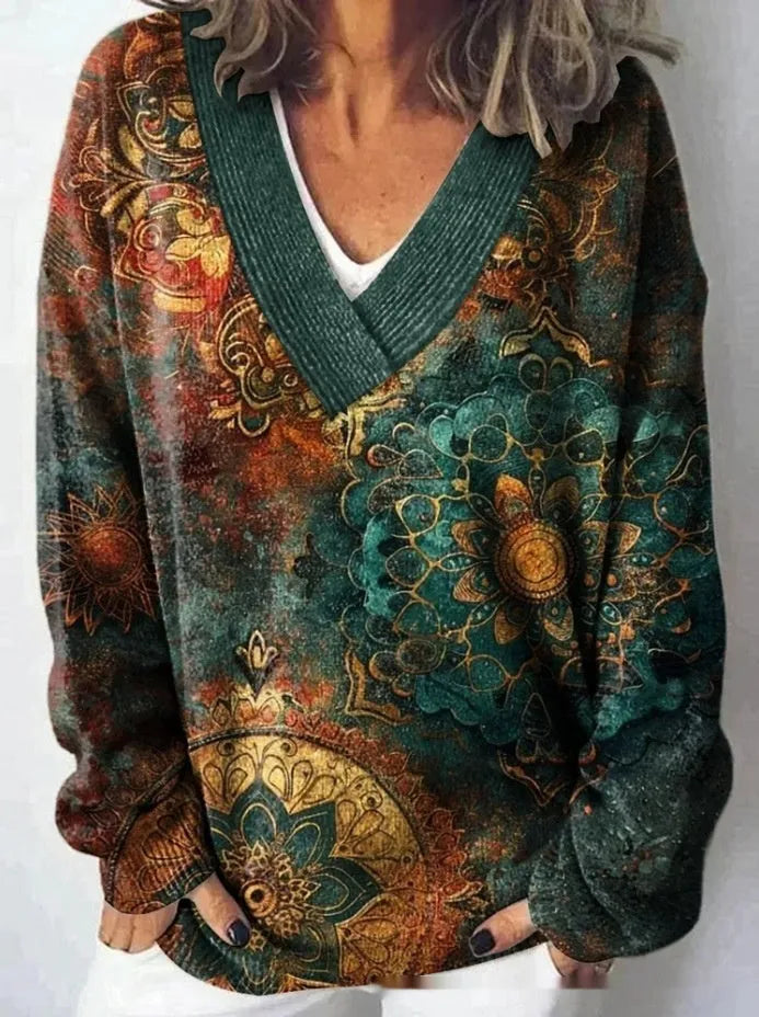 Women's long sleeve floral print sweatshirt with 3D effect in wool woven polyester fabric