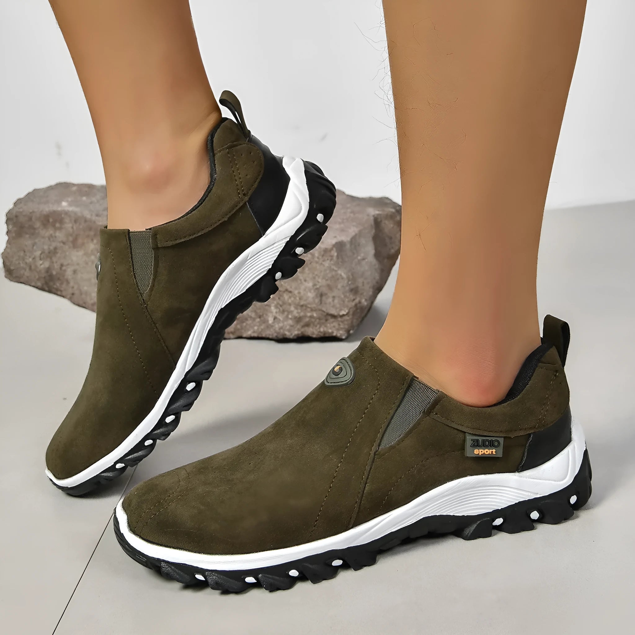 Men's round head shallow mouth thin shoes in gray, shown from the side.