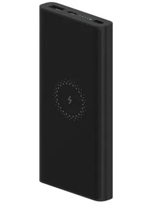 Black and white 10000mAh power bank with USB Type-C port and wireless charging capability
