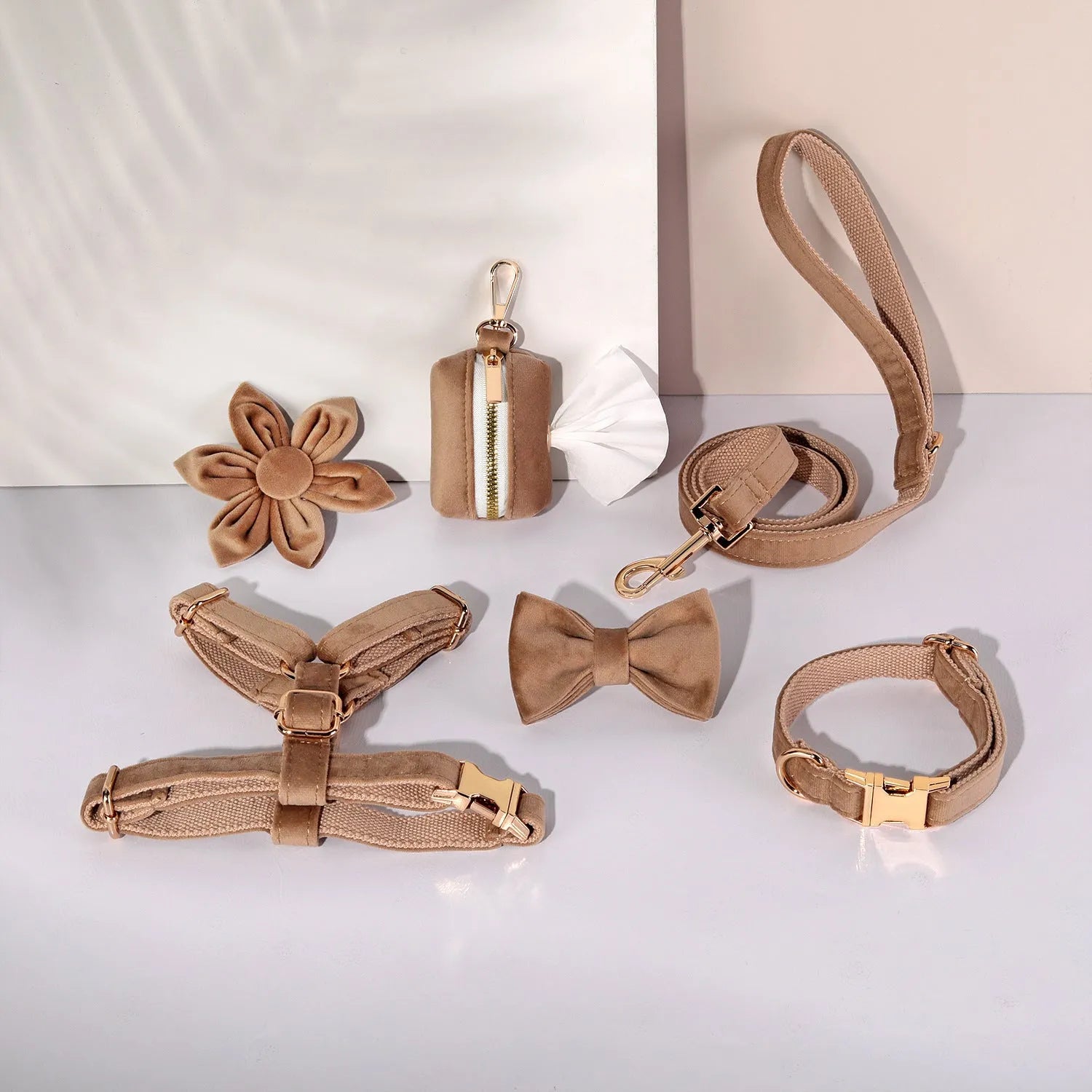Classic soft velvet dog collar and matching traction rope set with chest strap, bow tie, and accessories in multiple colour options