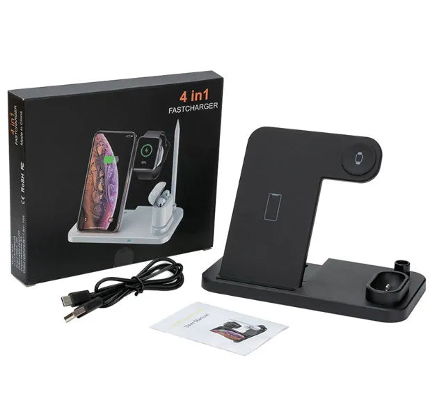 4-in-1 wireless charging station showing phone, Apple Watch, AirPods and Apple Pencil charging simultaneously
