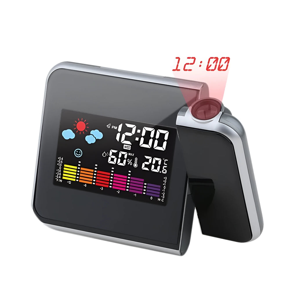 Black digital projection alarm clock with LED display and environmental sensors