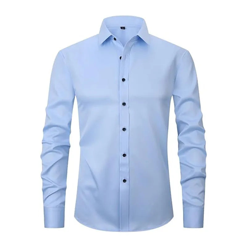 Man wearing a stretch long sleeve polyester work shirt in a solid colour.
