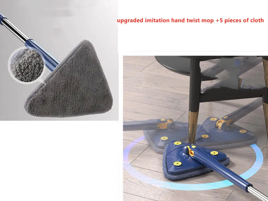 Blue extendable triangle cleaning mop with rotating head on stainless steel pole.