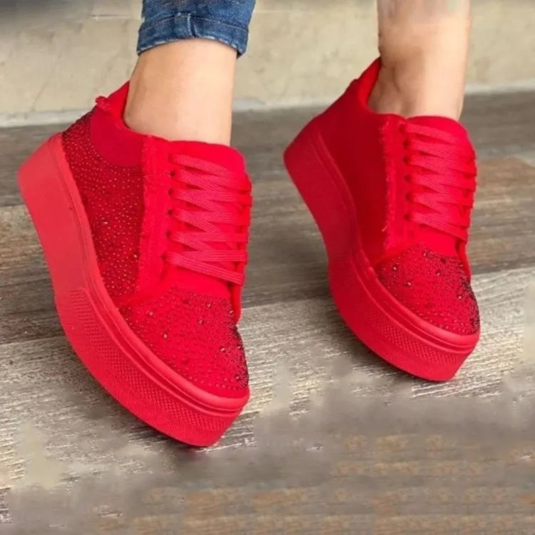 Plus size women's casual sports shoes with rhinestone detail, thick rubber sole, and lace-up closure in solid colour