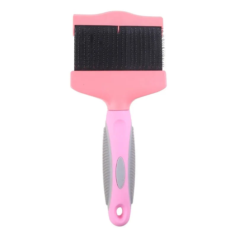 Double-sided pet grooming brush with stainless steel pins in blue or pink, showing ergonomic handle and pin details