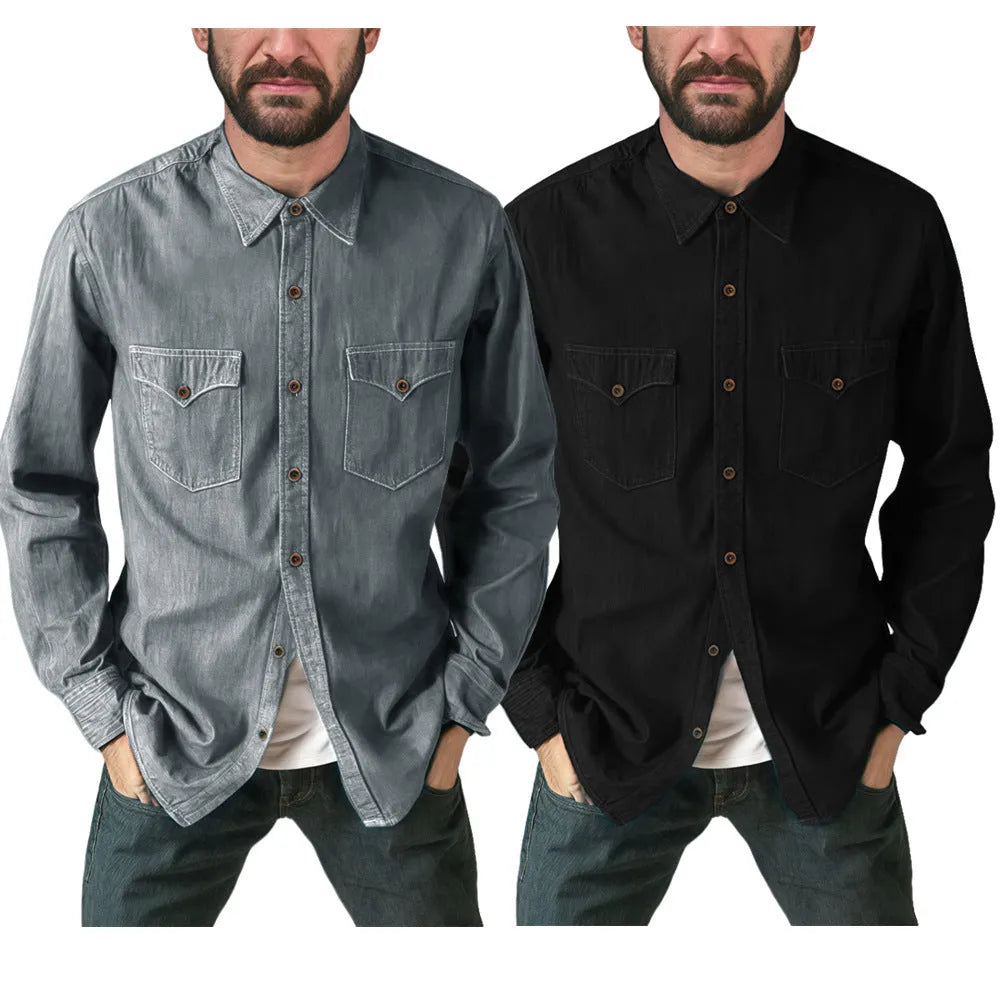Regular fit denim cardigan coat in khaki on a hanger.