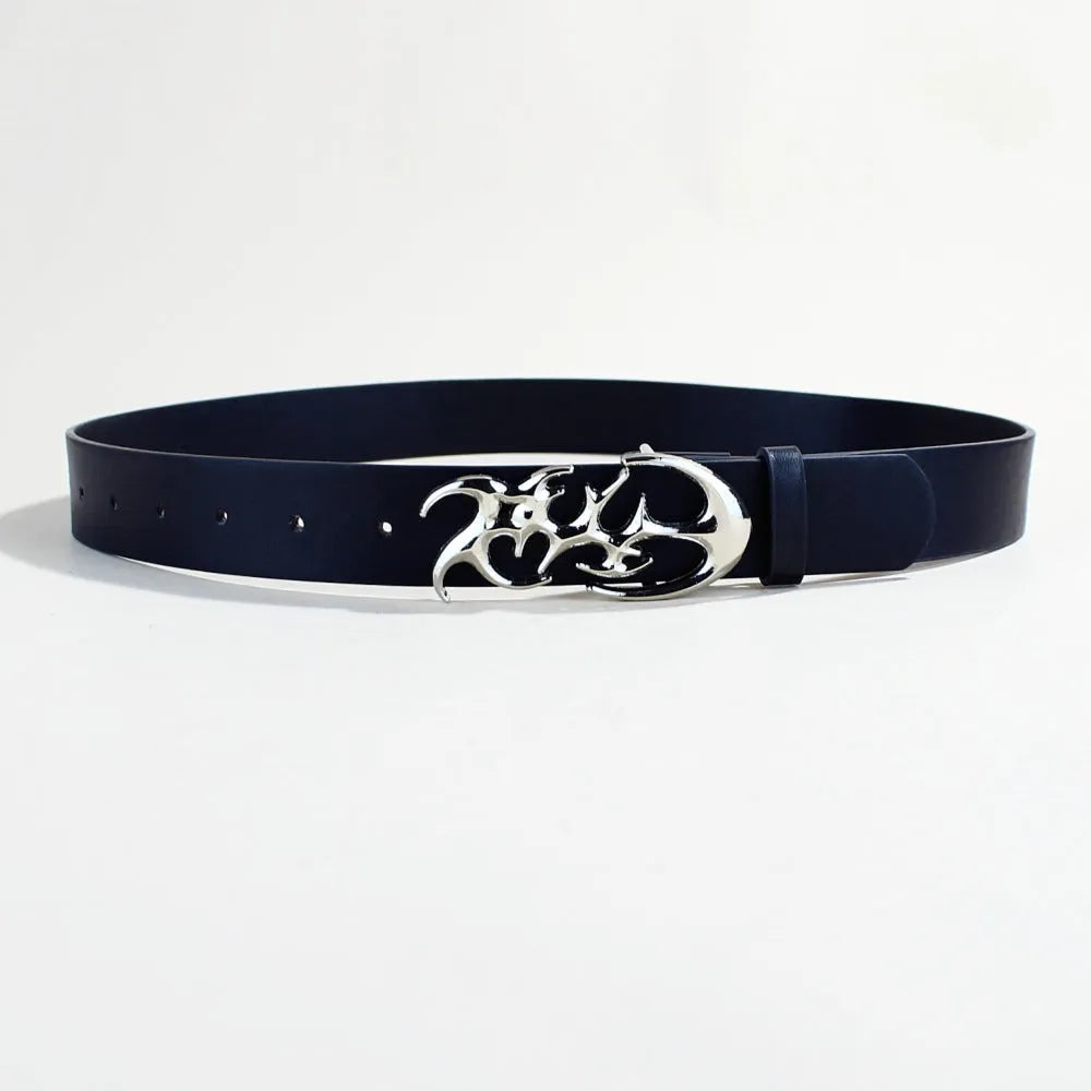 Silver buckle on a brown PU leather casual belt with snap button closure