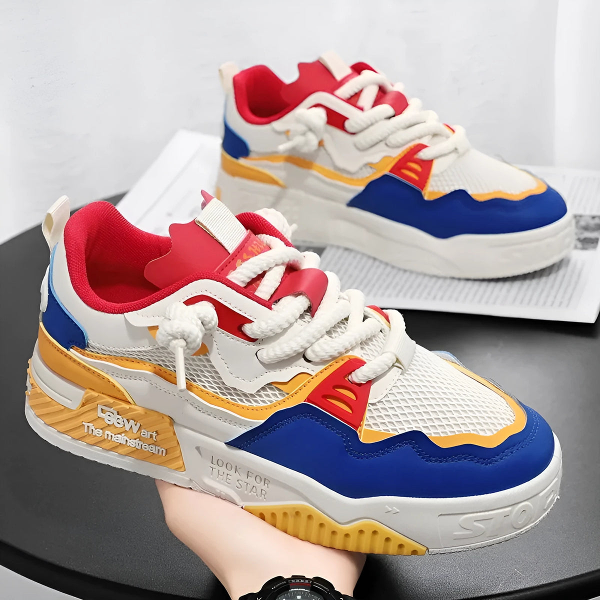 Men's colour-matched board shoes with low-top silhouette and rubber soles in beige, white and yellow, or white and black options