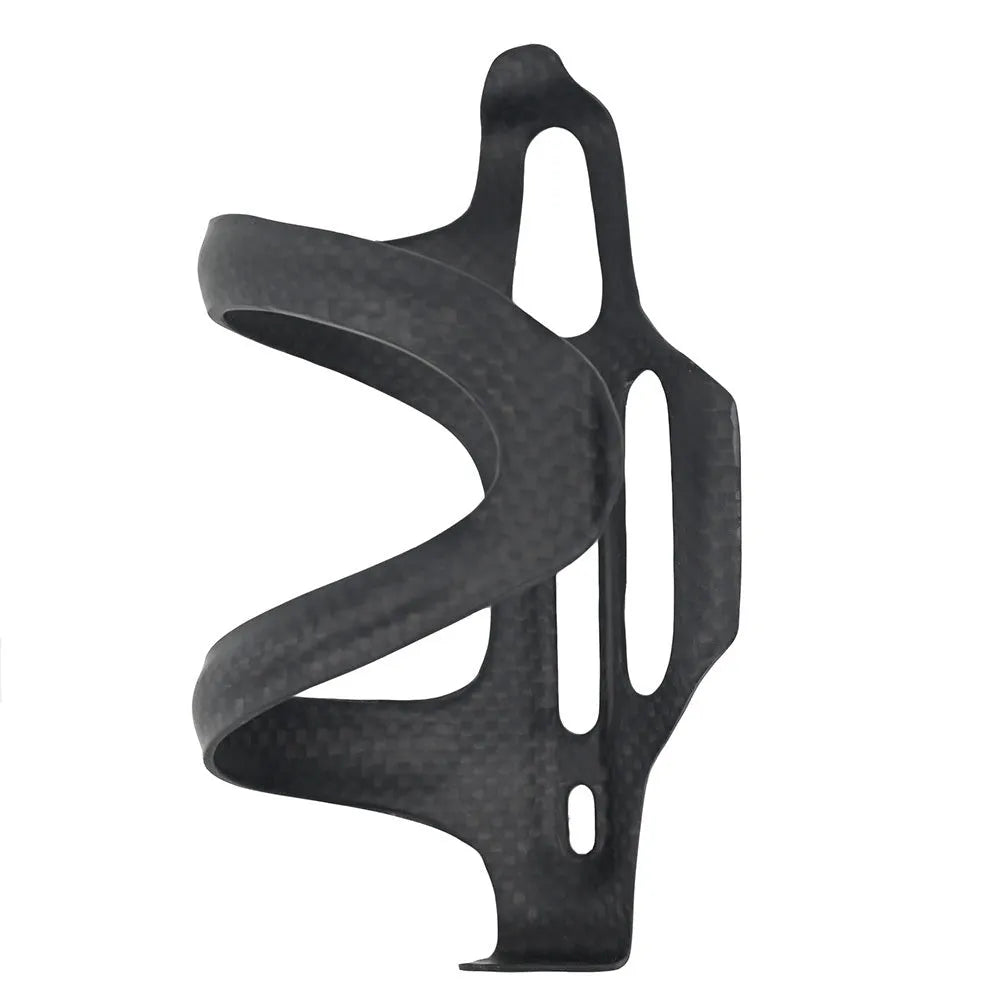 Black carbon fibre bicycle water bottle mount showing side-pull design and screw holes