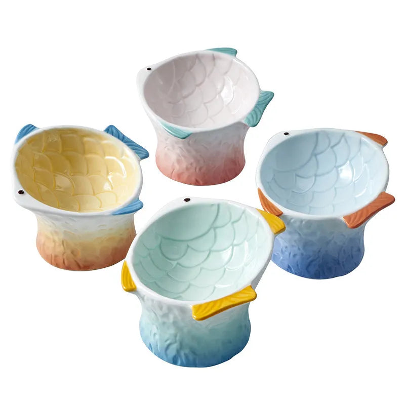 Ceramic cat feeder bowls fish shape design with 15-degree tilt angle and elevated height