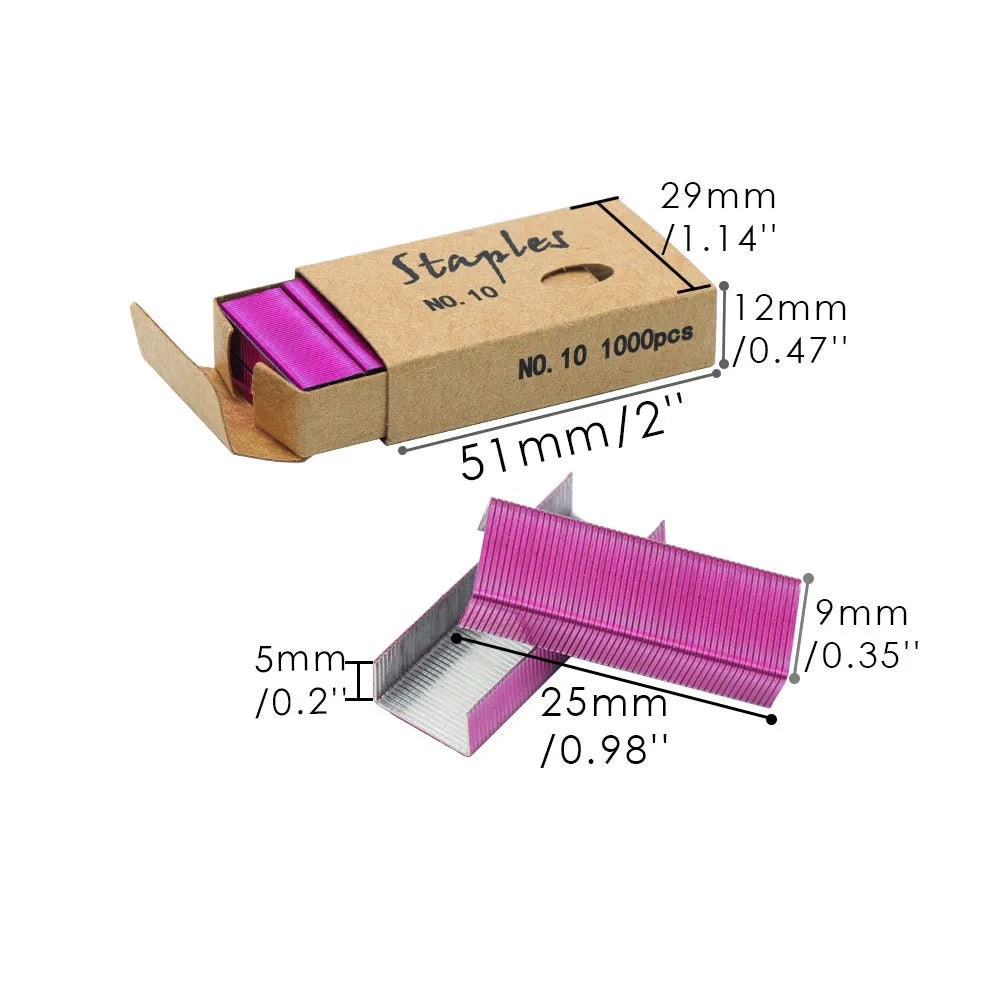 Box of 1000 metal office staples in black, purple, rose gold, and rose red colours