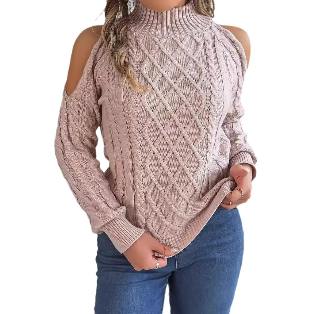 Women's grey twisted pattern pullover sweater with lantern sleeves and a half-high collar.