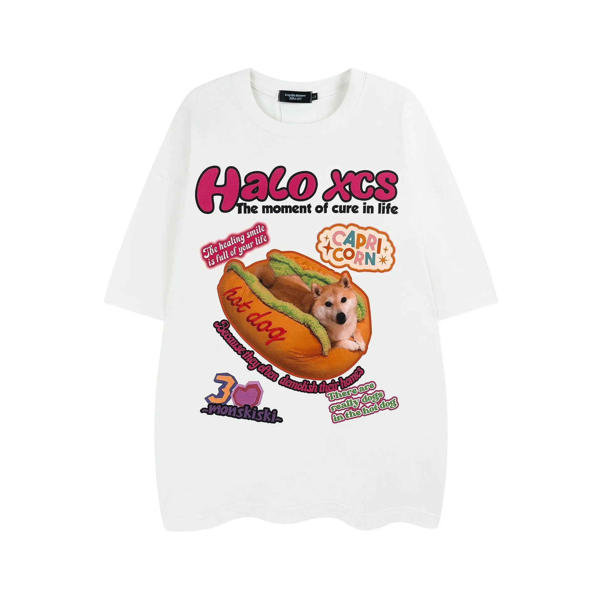 Cartoon hamburger dog printed cotton t-shirt in loose fit available in white, apricot, and sky blue colours