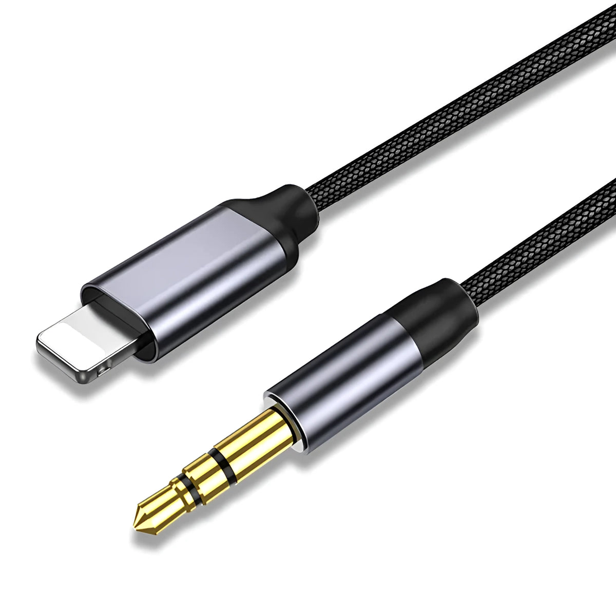 Nylon-braided audio cable with silver connector for headphone to car adapter connection.