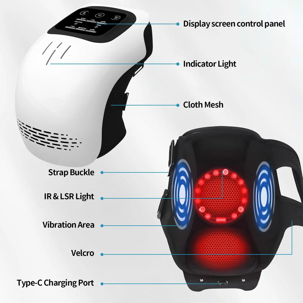 White rechargeable electric knee massager showing wrap design for infrared heat and vibration therapy.