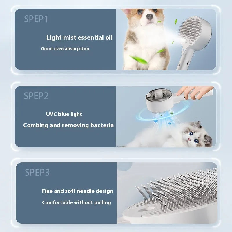 Ceramic white pet grooming brush with steam spray and UV light for dogs and cats