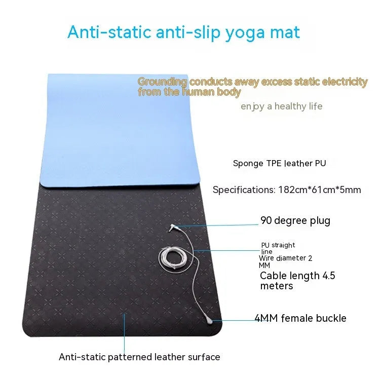 Blue conductive yoga mat with plants pattern, showing grounding wire and 182cm x 61cm x 5mm dimensions.